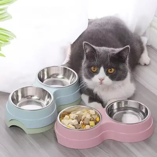 Comedero Doble para Perros y Gatos – Acero Inoxidable, Comida y Agua
