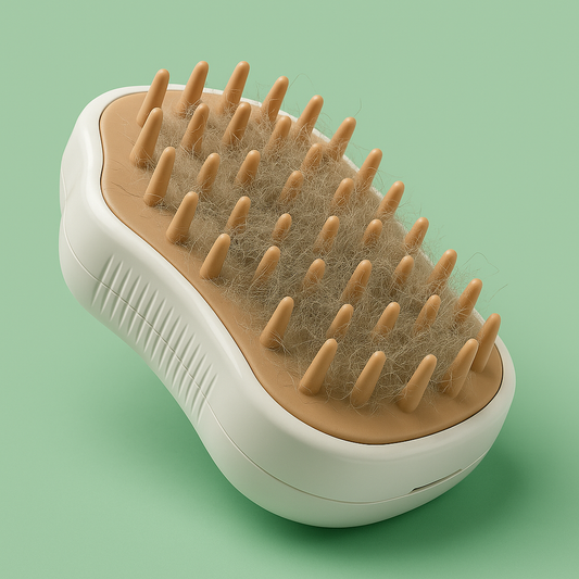 Cepillo recoge pelo para mascotas con diseño ergonómico y fondo verde Petify, ideal para eliminar el pelo suelto de perros y gatos.