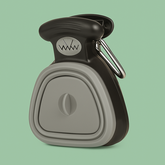 Dispensador portátil plegable de bolsas para excrementos de perro en color gris con clip de sujeción, estilo moderno y funcional de Petify.