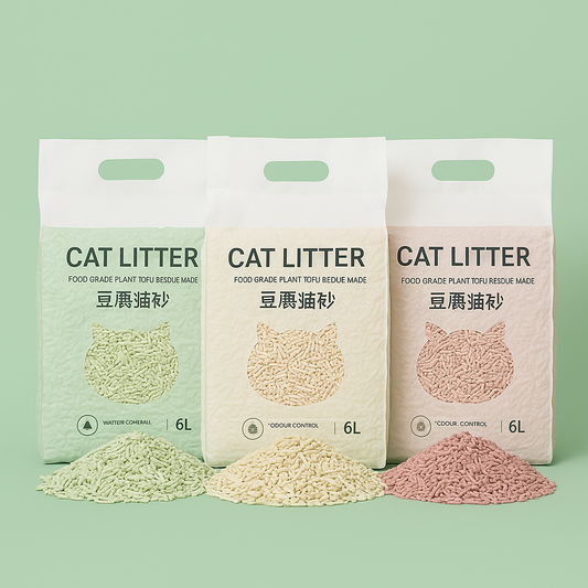 Fotografía de tres bolsas de arena de tofu ecológica para gatos Petify, en colores beige, verde y rosa, presentadas en envases de 6 litros cada uno.