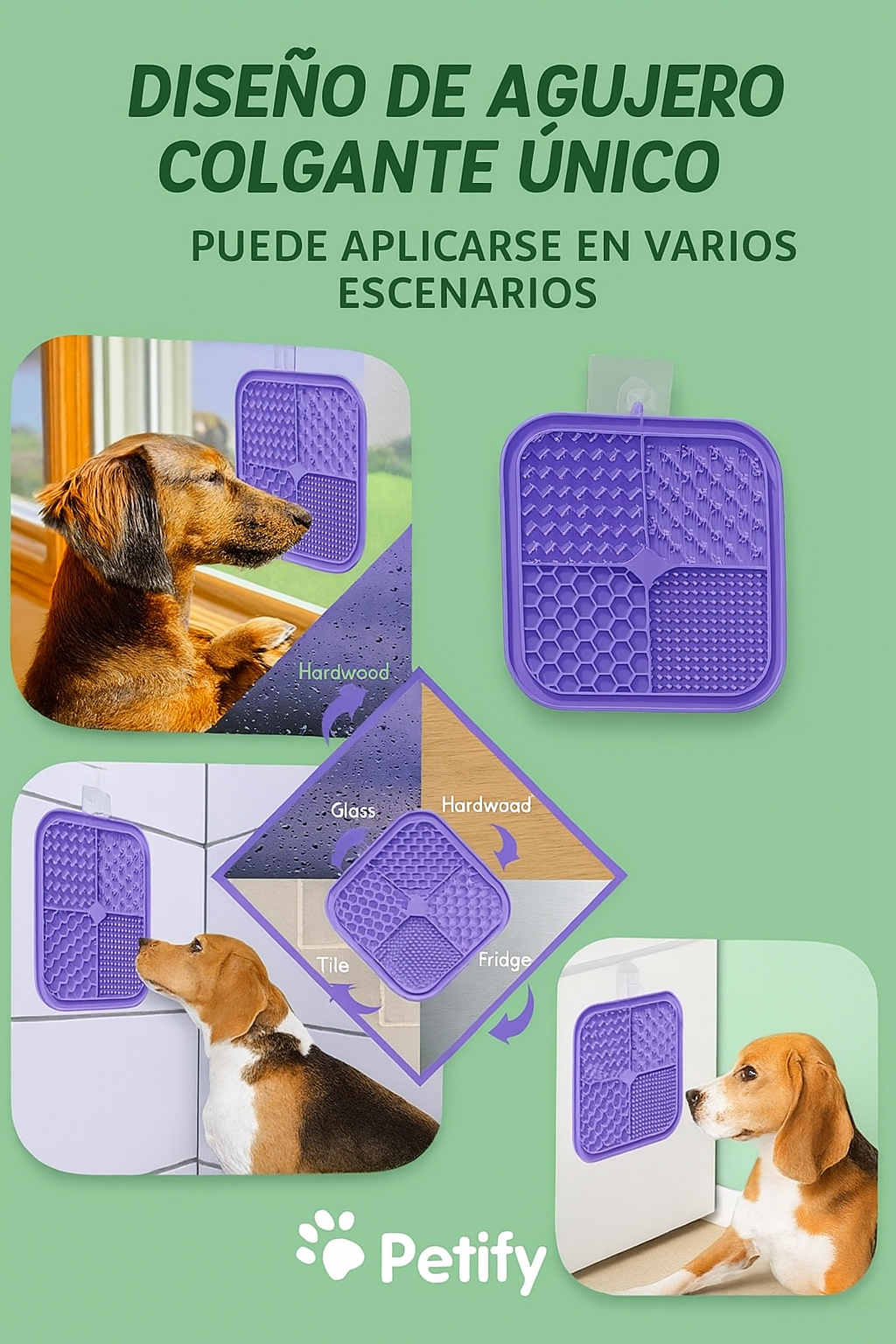 Alfombra lamible para perros con diseño colgante para diferentes superficies como vidrio, madera, azulejo y nevera sobre fondo verde Petify