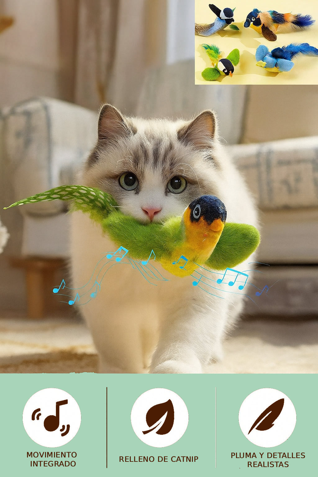 Juguete Interactivo para Gatos con Sonido y Catnip “Birdie Clip”