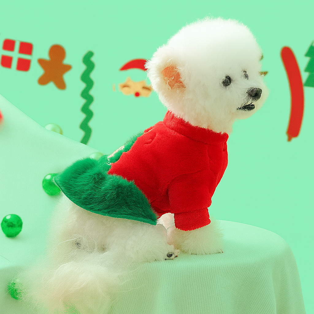 Perro pequeño con disfraz navideño rojo y verde estilo elfo, ropa festiva para mascotas