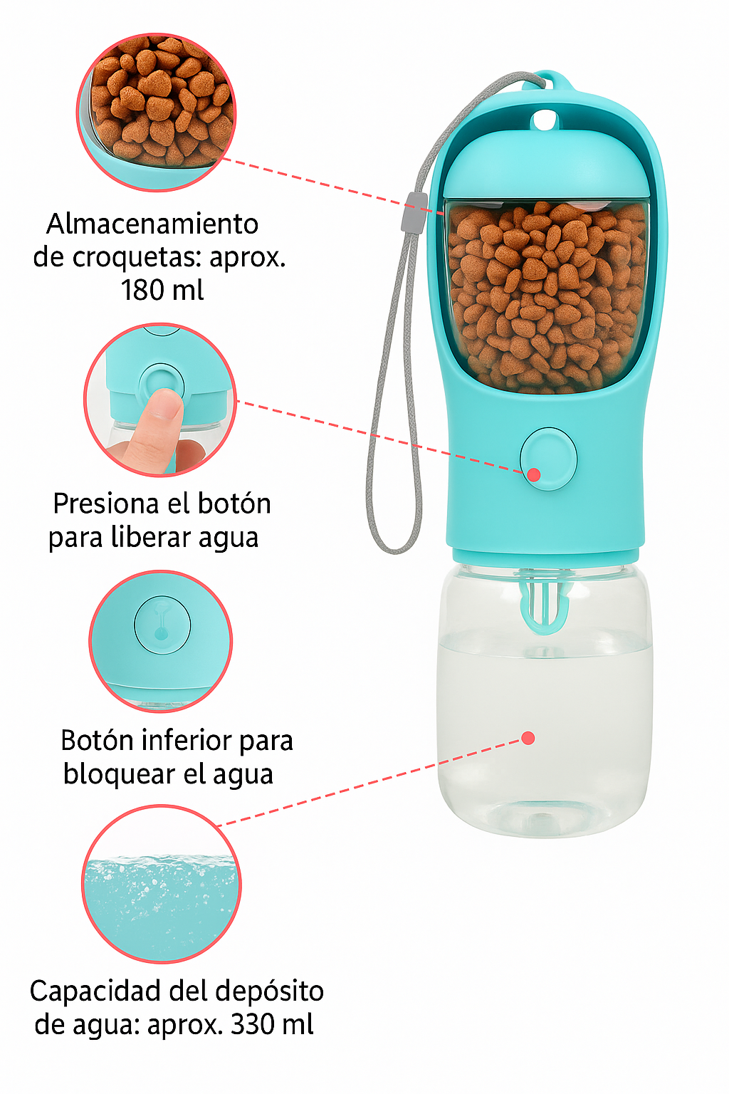 Convierte cada paseo en una experiencia práctica y cómoda con la botella portátil 2 en 1 Petify™, diseñada especialmente para petlovers exigentes. Con doble función, esta botella inteligente te permite llevar agua y snacks en un solo accesorio, ideal para salidas, viajes o aventuras al aire libre con tu peludo.

✅ Almacenamiento de croquetas: compartimento superior con capacidad de aproximadamente 180 ml, perfecto para mantener la comida seca y accesible.
✅ Botón dispensador de agua: solo presiona para libe