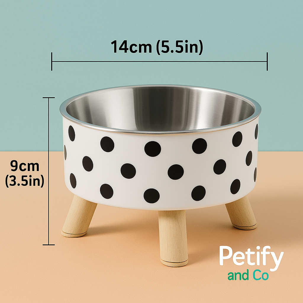 Plato elevado para mascotas de acero inoxidable con diseño de lunares y patas de madera – 14 cm x 9 cm – Petify and Co
