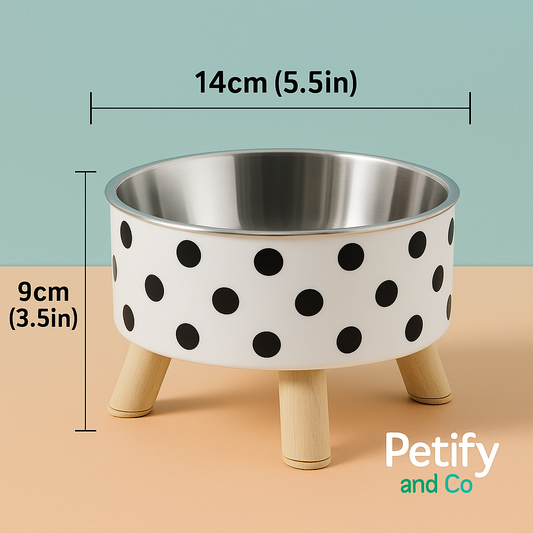Plato elevado para mascotas de acero inoxidable con diseño de lunares y patas de madera – 14 cm x 9 cm – Petify and Co