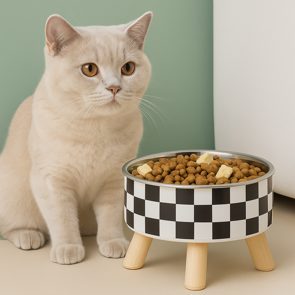 Plato elevado de acero inoxidable para gatos, con soporte de madera y diseño a cuadros en blanco y negro. Ideal para facilitar la digestión, evitar derrames y sumar estilo a tu hogar. Perfecto para petlovers que buscan funcionalidad y estética en cada detalle.