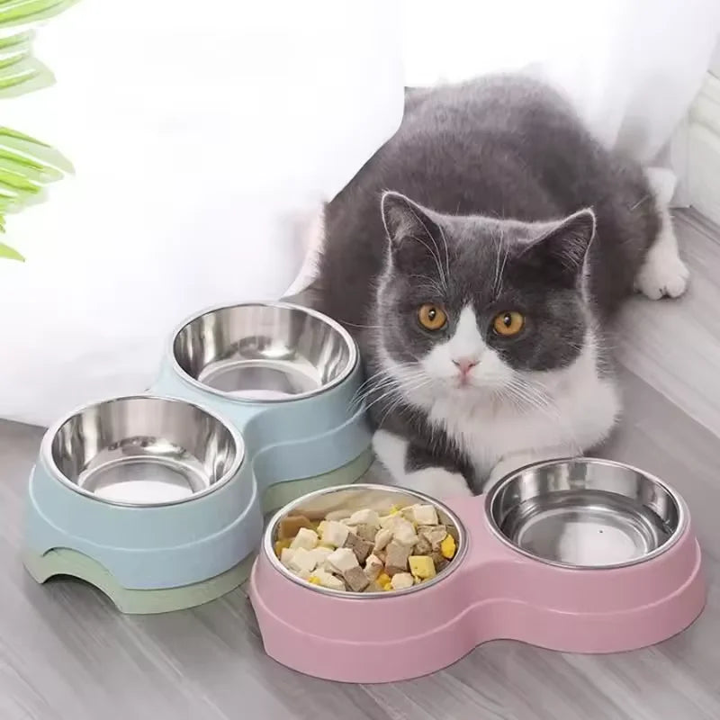 Comedero Doble para Perros y Gatos – Acero Inoxidable, Comida y Agua