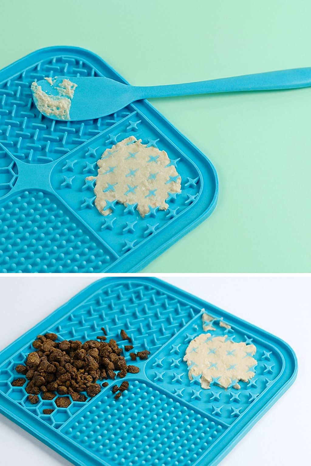 Alfombra lamible de silicona azul con comida húmeda y croquetas para perros sobre fondo verde Petify