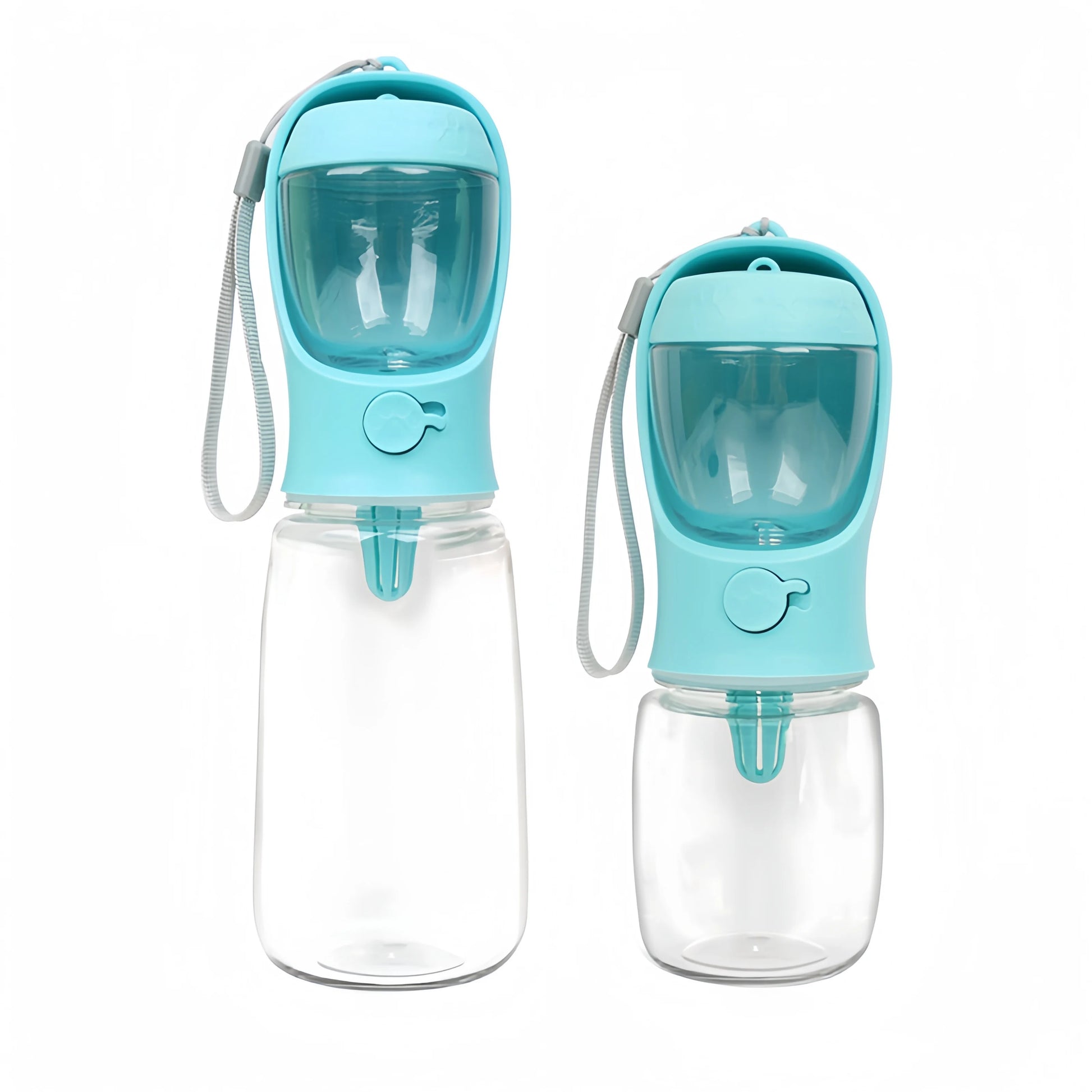 Dos botellas portátiles 2 en 1 para perros Petify™, en tamaños grande y mediano, con diseño azul celeste, compartimento superior para comida y recipiente inferior transparente para agua.