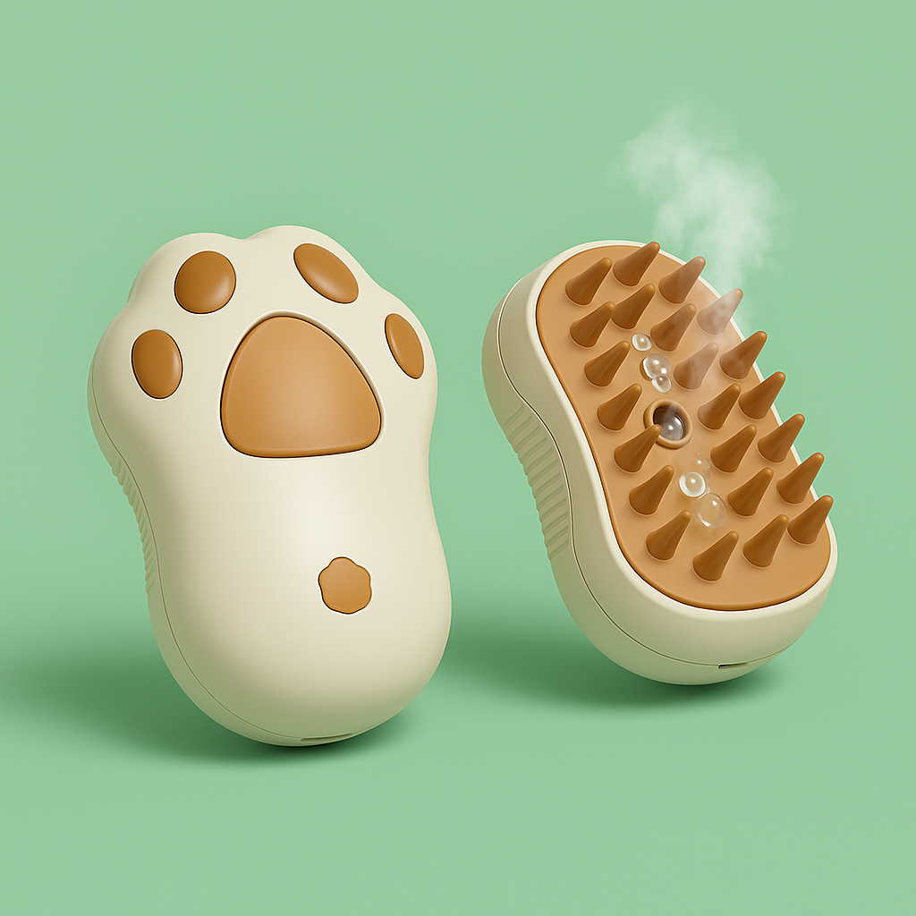 Cepillo masajeador a vapor para mascotas con diseño de huella y doble función de vapor y masaje, ideal para el cuidado del pelaje.