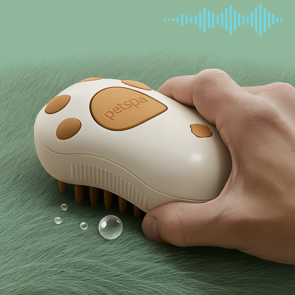 Fotografía de una mano utilizando un cepillo a vapor Petspa en forma de pata sobre el pelaje de una mascota.