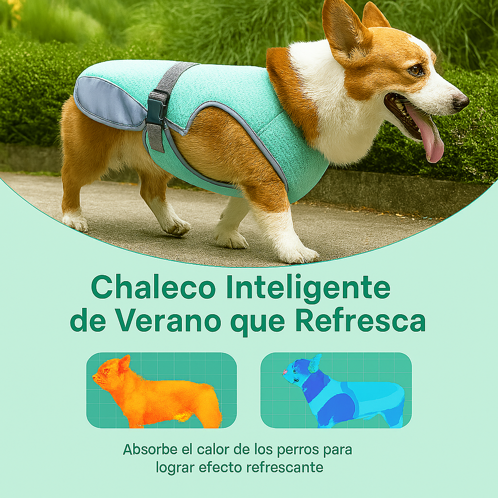 Corgi con chaleco inteligente de verano para perros con explicación del efecto refrescante sobre fondo verde Petify