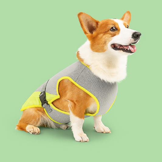 Perro Corgi usando chaleco refrescante gris con detalles amarillos sobre fondo verde Petify