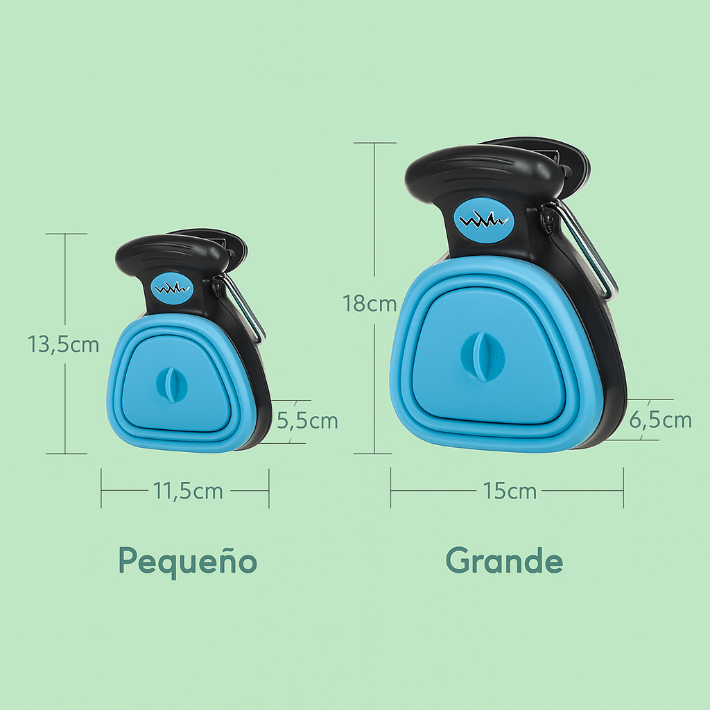 Comparación visual de tamaños del portabolsas plegable azul para perros en versión pequeña y grande, sobre fondo verde Petify.