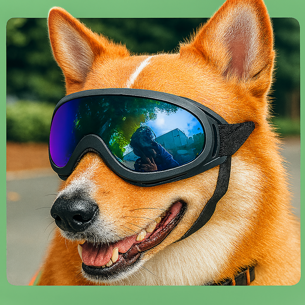 Corgi usando gafas protectoras negras con lentes iridiscentes sobre fondo verde Petify