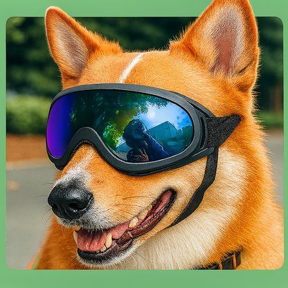 Corgi usando gafas protectoras negras con lentes iridiscentes sobre fondo verde Petify