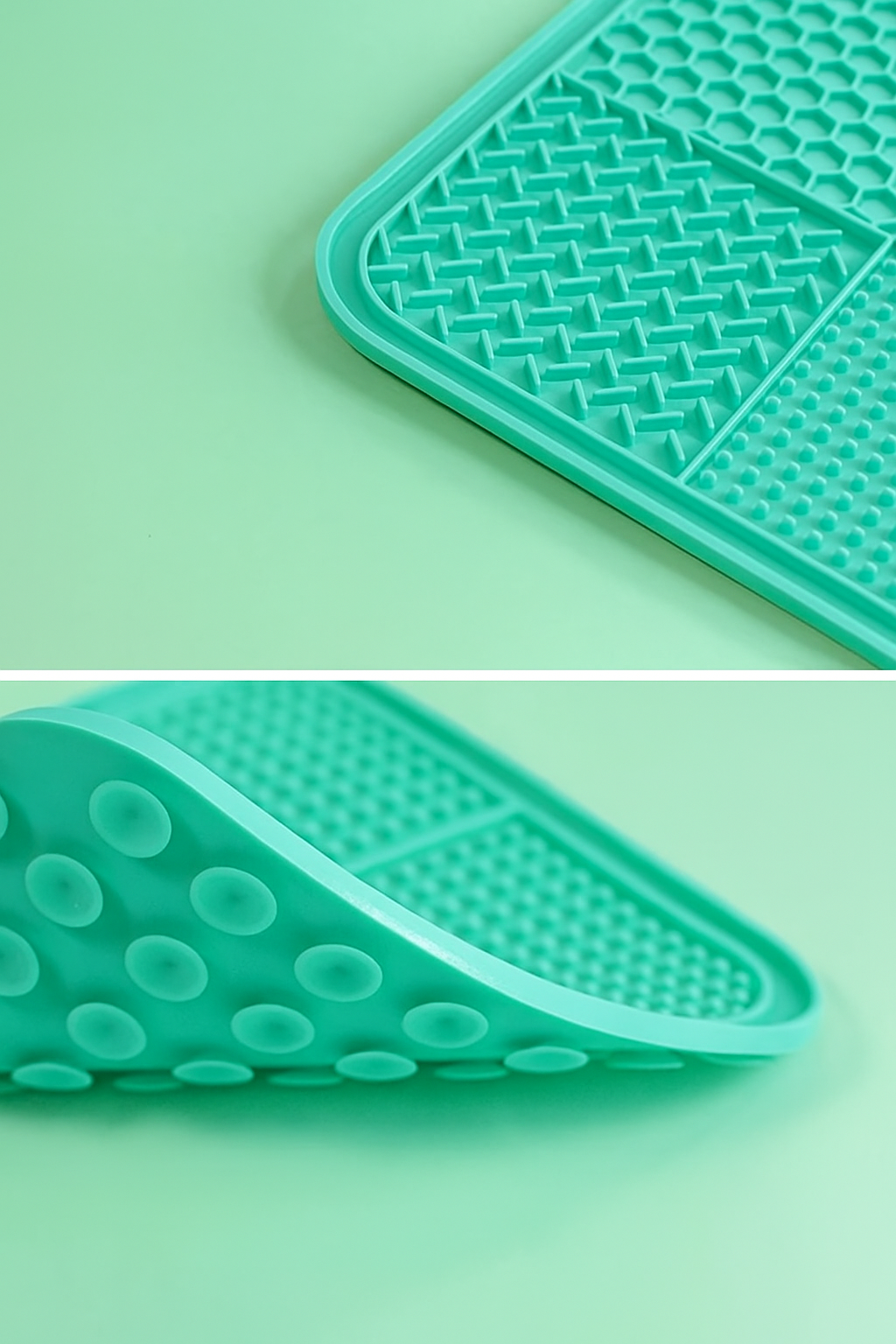 Detalle de la alfombra lametable de silicona verde para perros con texturas variadas y ventosas sobre fondo verde Petify