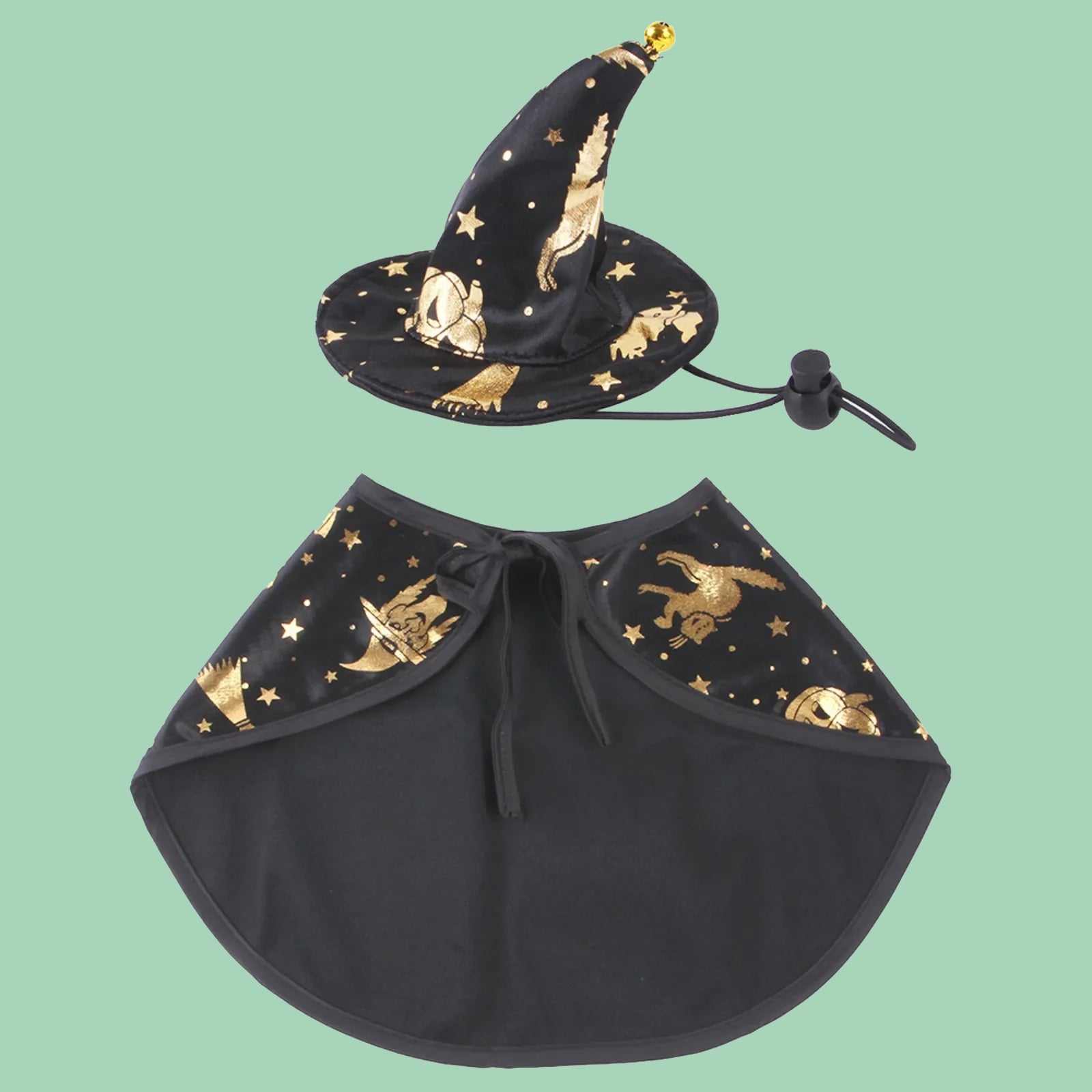 Gato con disfraz de bruja para Halloween, con capa y sombrero morado de Petify & Co.