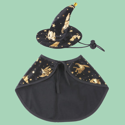 Gato con disfraz de bruja para Halloween, con capa y sombrero morado de Petify & Co.