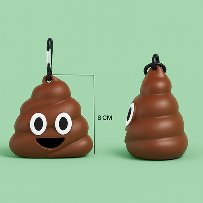 Dispensador de bolsas para caca de perro con diseño divertido en color marrón chocolate y bolsas verdes con diseño de huellas, ideal para paseos.
