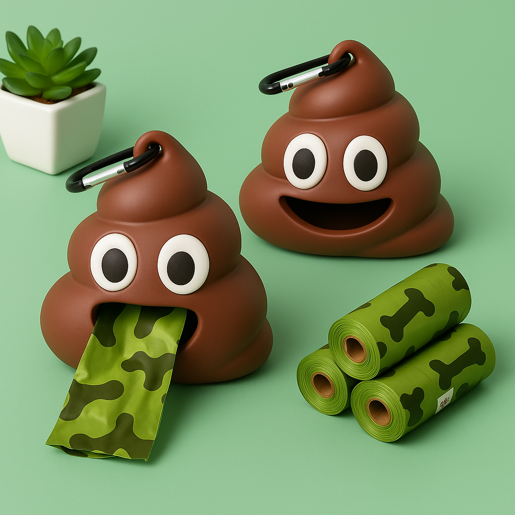 Dispensador de bolsas para caca de perros en forma de emoji de popó color marrón con bolsas verdes camufladas.