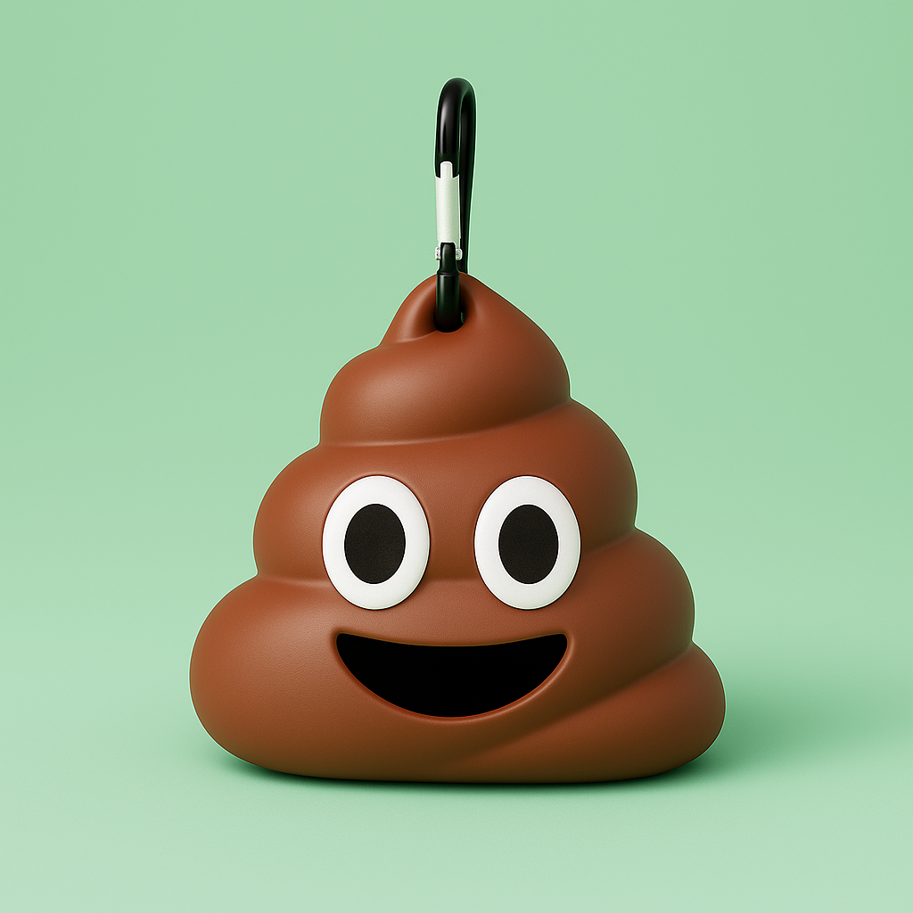 Dispensador de bolsas para excrementos de perro en forma de emoji de caca color marrón con mosquetón, sobre fondo verde Petify.