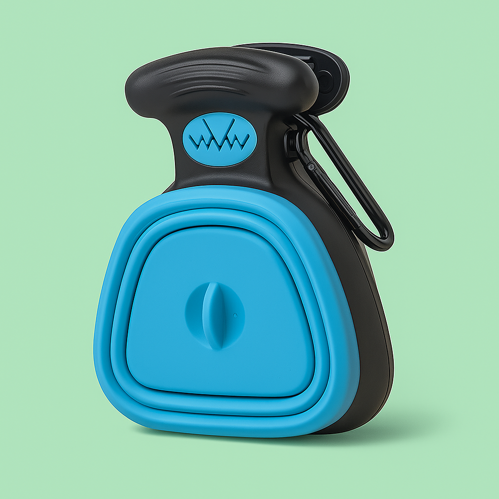 Dispensador de bolsas para caca de perro plegable en color azul y negro con gancho metálico, presentado sobre fondo verde Petify.