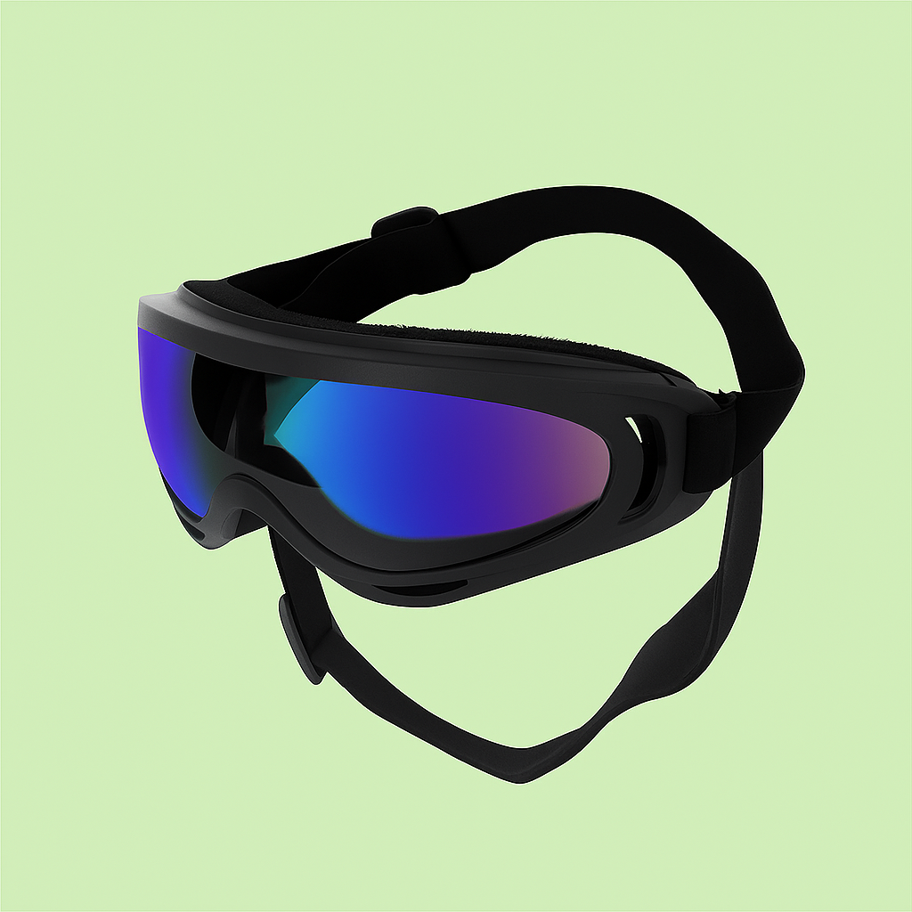 Gafas protectoras negras para perros con lentes espejo iridiscentes sobre fondo verde Petify