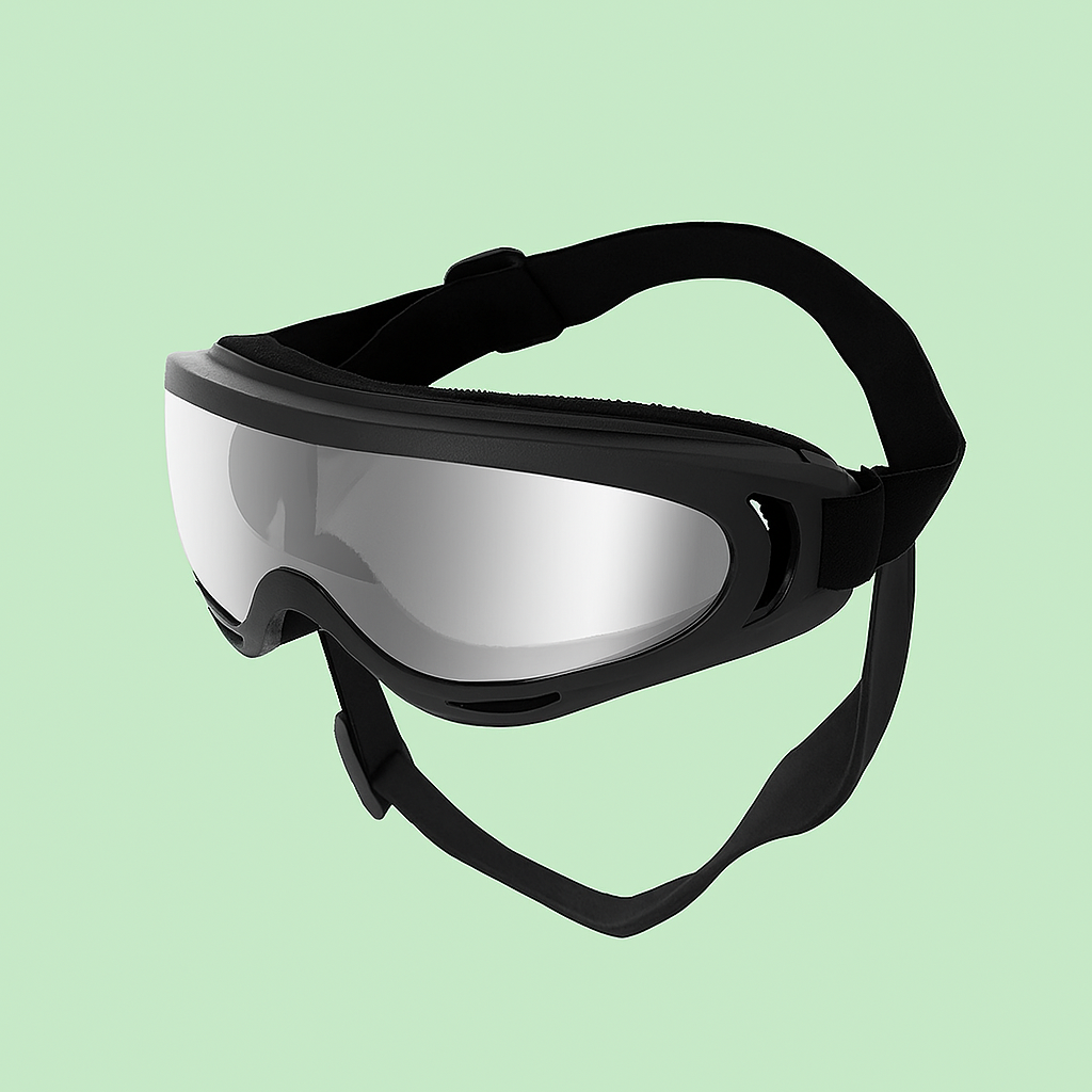 Gafas protectoras negras para perros con lentes efecto espejo sobre fondo verde Petify