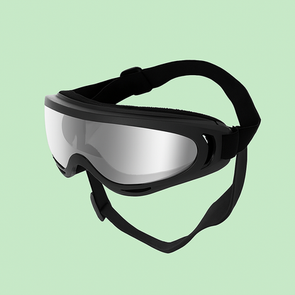 Gafas protectoras negras para perros con lentes efecto espejo sobre fondo verde Petify