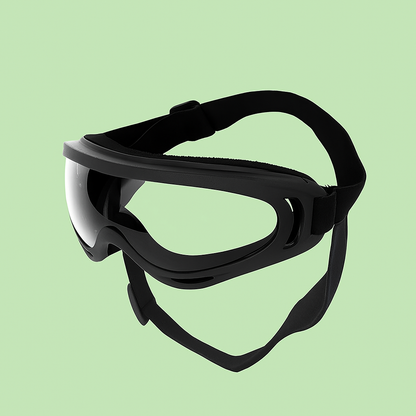 Gafas protectoras negras para perros con correa ajustable sobre fondo verde Petify