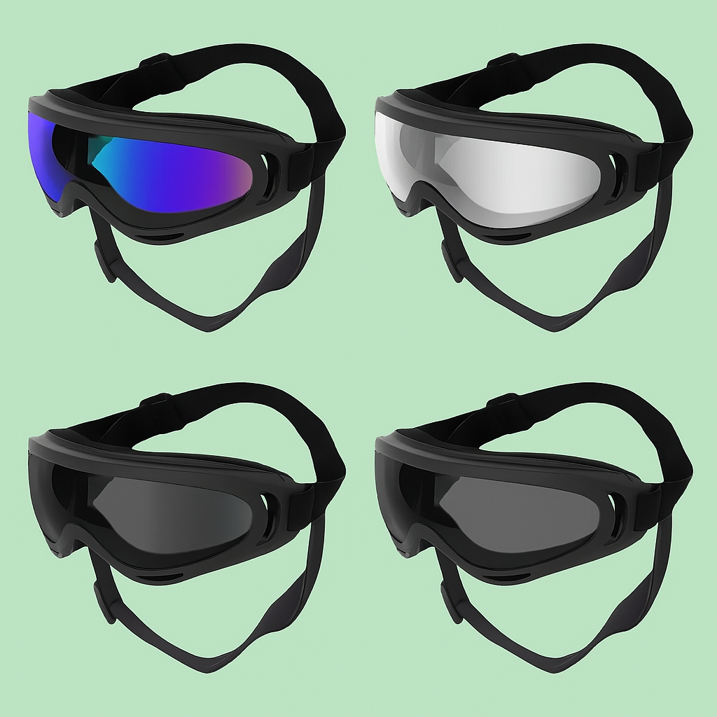 Gafas protectoras para perros en diferentes tipos de lentes sobre fondo verde Petify