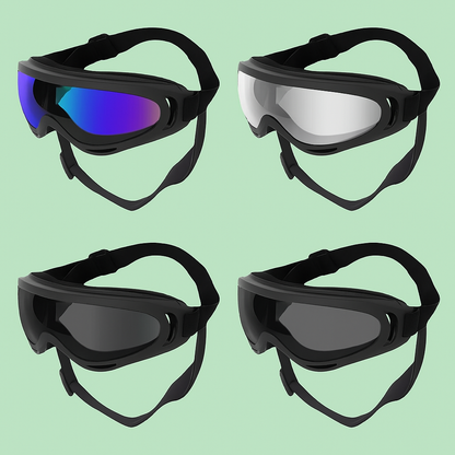 Gafas protectoras para perros en diferentes tipos de lentes sobre fondo verde Petify