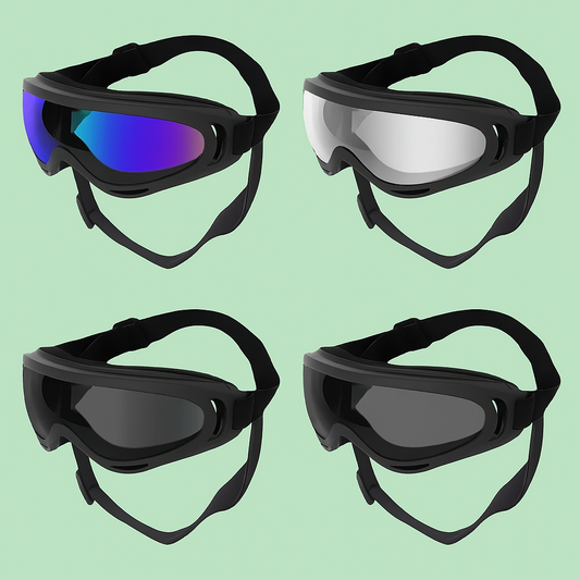 Gafas protectoras para perros en diferentes tipos de lentes sobre fondo verde Petify