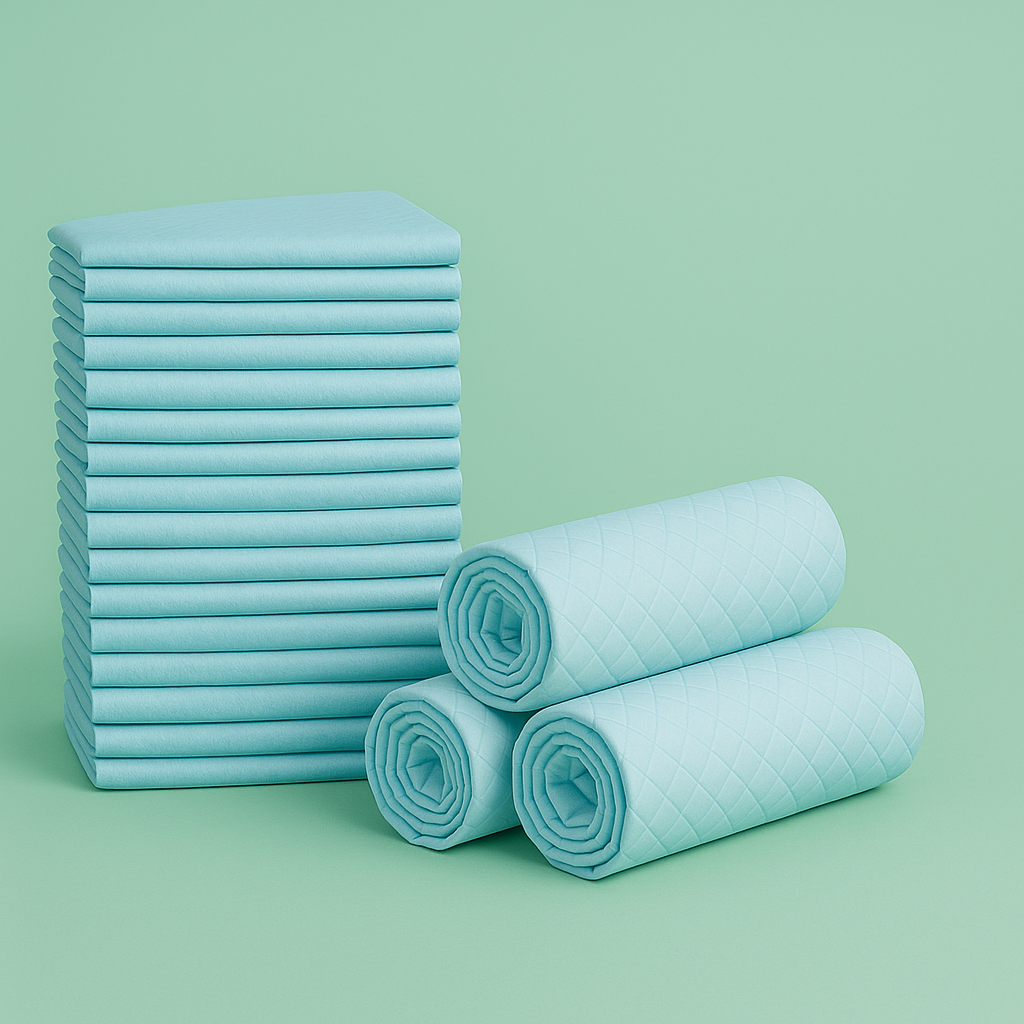 Pads de entrenamiento azules para mascotas, apilados y enrollados, sobre fondo verde Petify.