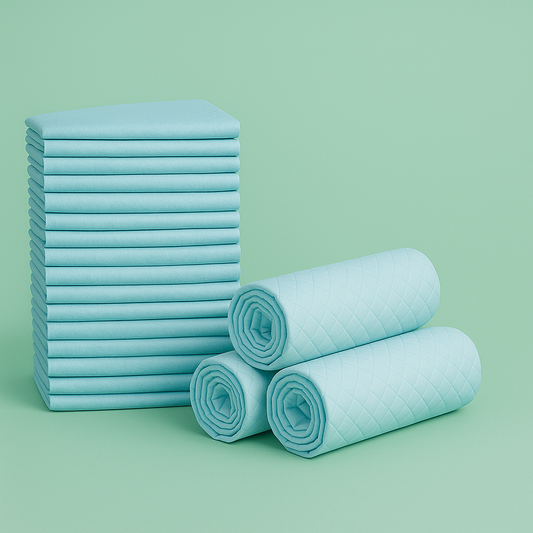 Pads de entrenamiento azules para mascotas, apilados y enrollados, sobre fondo verde Petify.