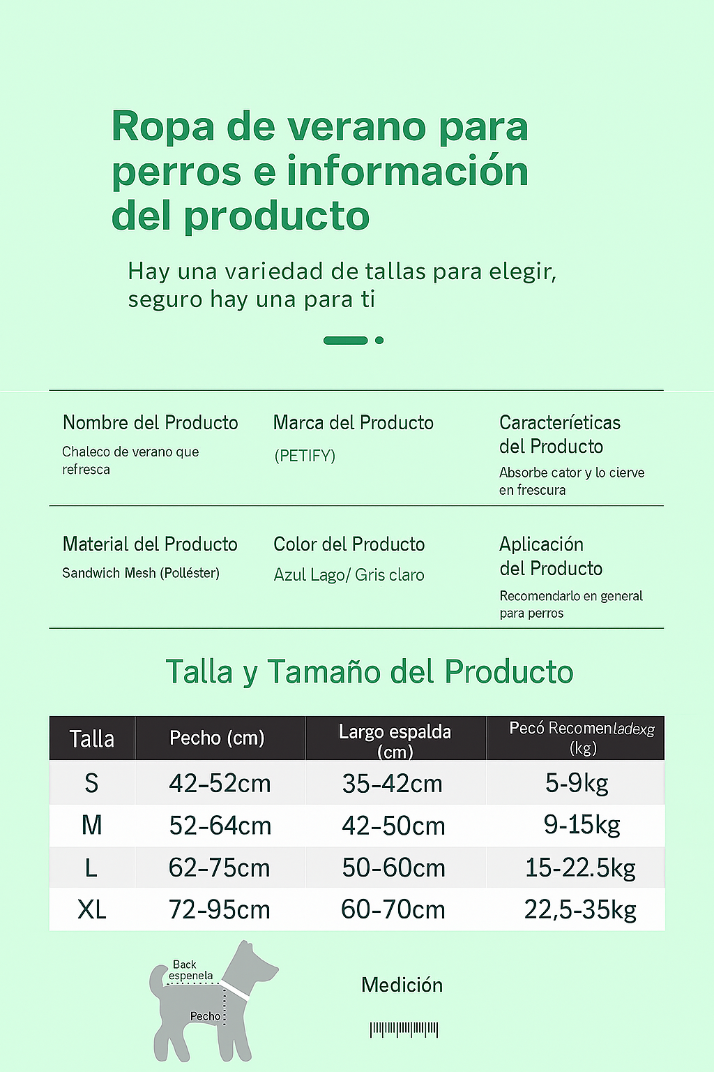 Tabla de tallas e información del chaleco refrescante para perros Petify sobre fondo verde Petify